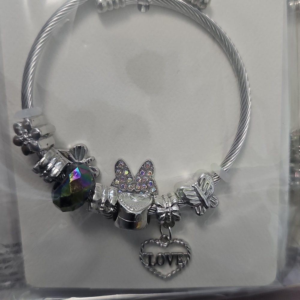 Silver Charm Bracelet with Heart and Butterfly Accents